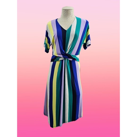 ALK Women's Small Apt 9 Striped Multicolor Twise Front Summer Jersey Dress EUC - Picture 1 of 9